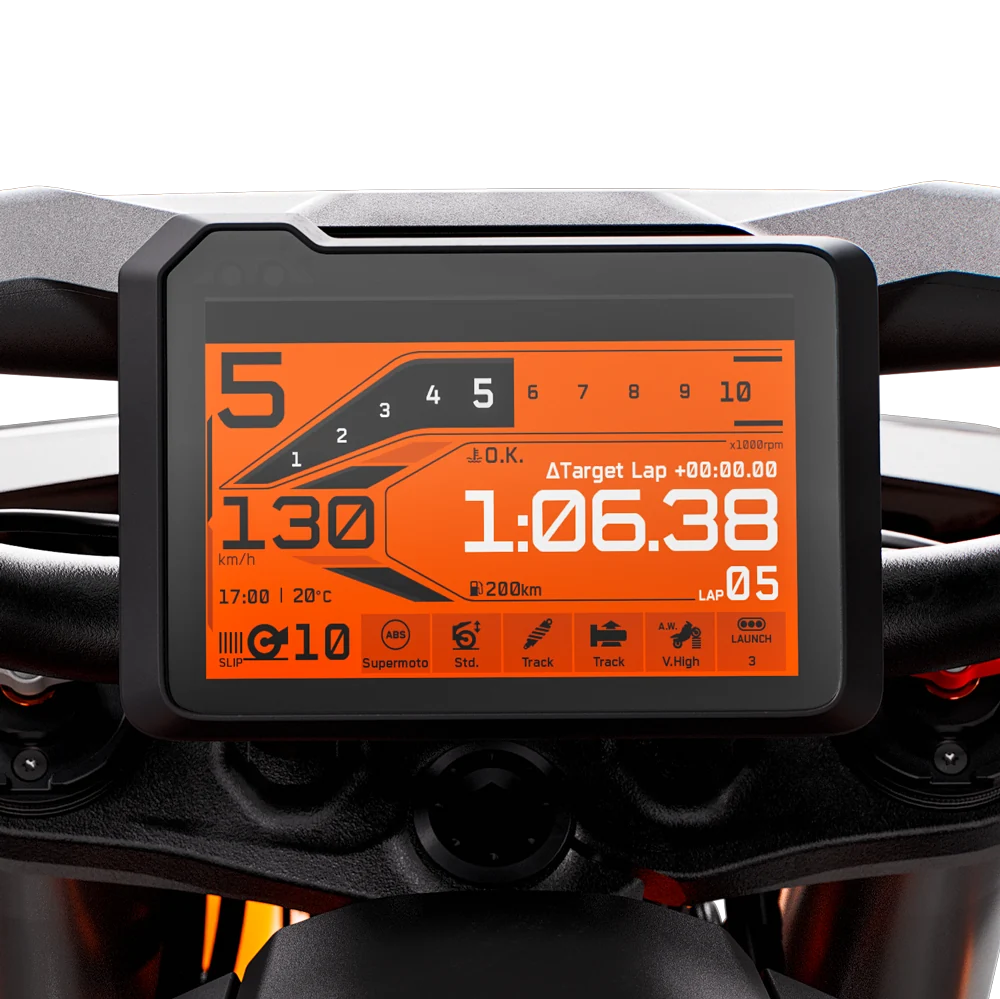 ecrã de telemetria e cronómetro de volta — KTM 1390 Super Duke R